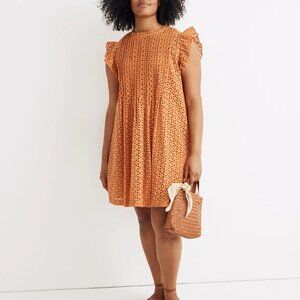 Madewell | Eyelet Ruffle-Sleeve Pintuck Mini Dress in Mulled Cider, size S